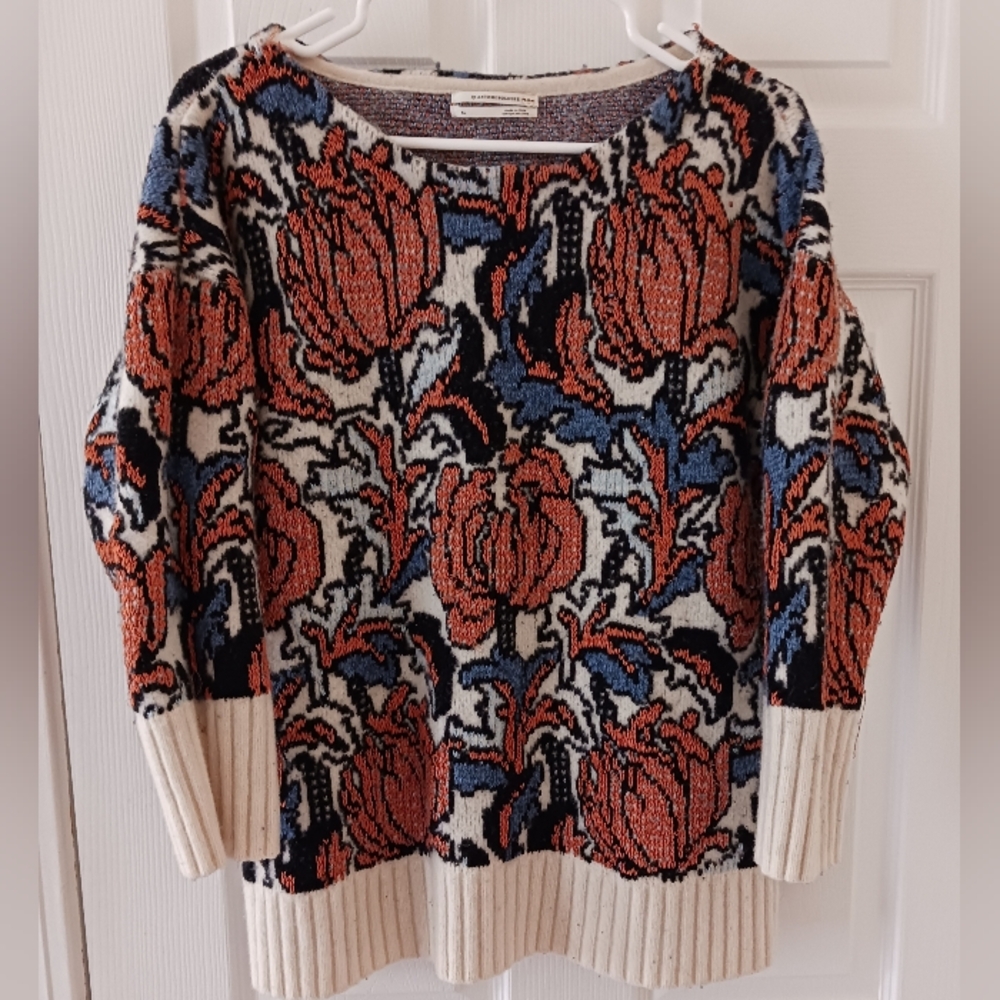 Anthropologie Floral Boat Neck Wool Blend Sweater XL